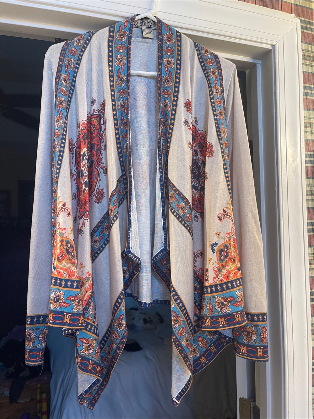 Boho Floral Open-Front Cardigan - Cream with Blue & orange Accents